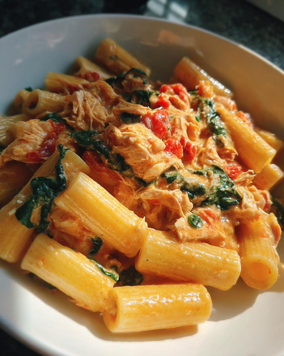 Close-up of rigatoni pasta coated in a creamy sauce with shredded chicken, spinach, and diced tomatoes in a white bowl, featuring the marry me chicken pasta.
