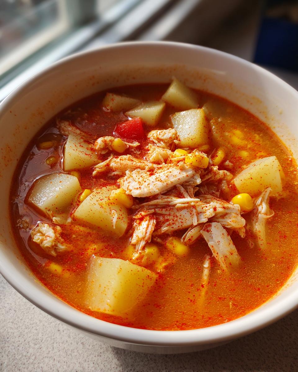 Close-up of a bowl of bright orange maryland crab soup, featuring shredded meat, large potato chunks, and corn kernels, sprinkled with paprika.