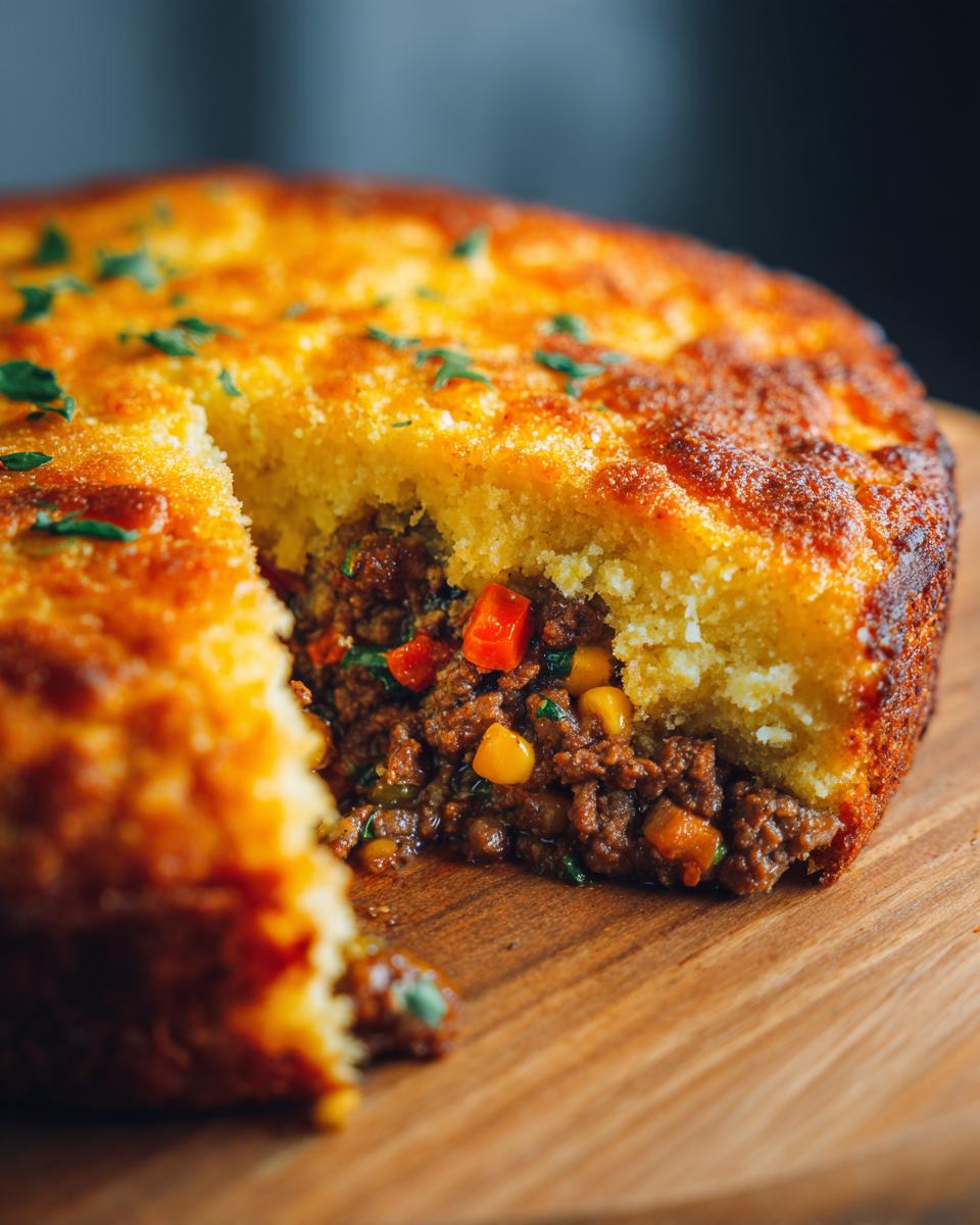 Close-up of a slice removed from a baked mexican cornbread casserole, showing the savory ground meat and vegetable filling.