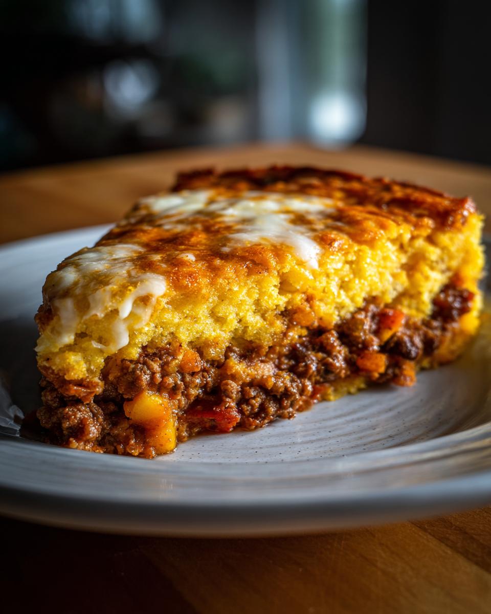 A close-up slice of Mexican cornbread casserole showing a savory meat filling topped with melted, browned cheese.
