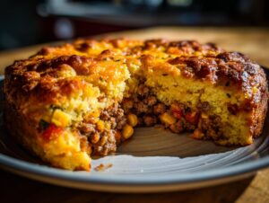 A close-up of a slice of Mexican cornbread casserole with a savory ground meat and corn filling.