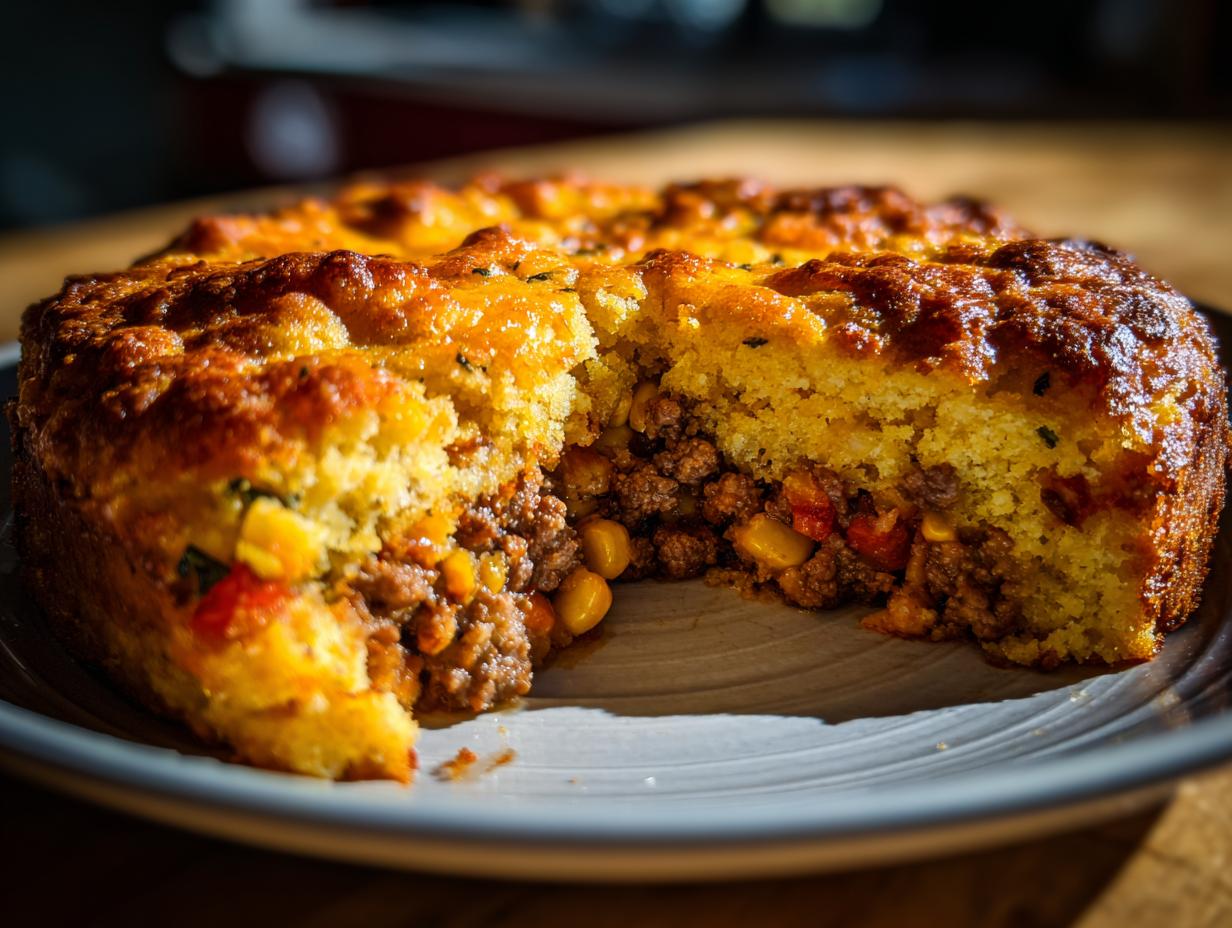 A close-up of a slice of Mexican cornbread casserole with a savory ground meat and corn filling.