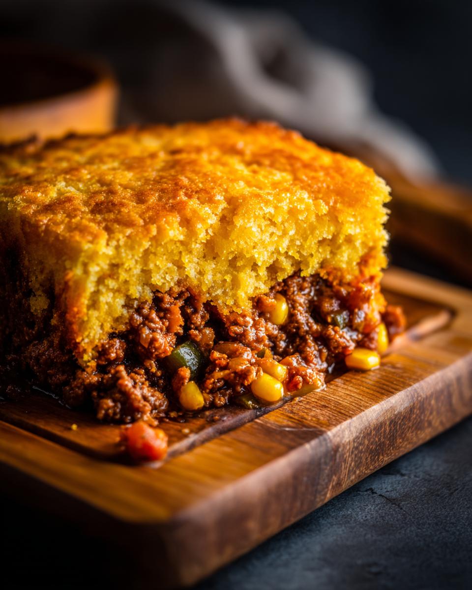 Close-up of a hearty slice of mexican cornbread casserole showing the golden cornbread top and savory ground meat and corn filling.