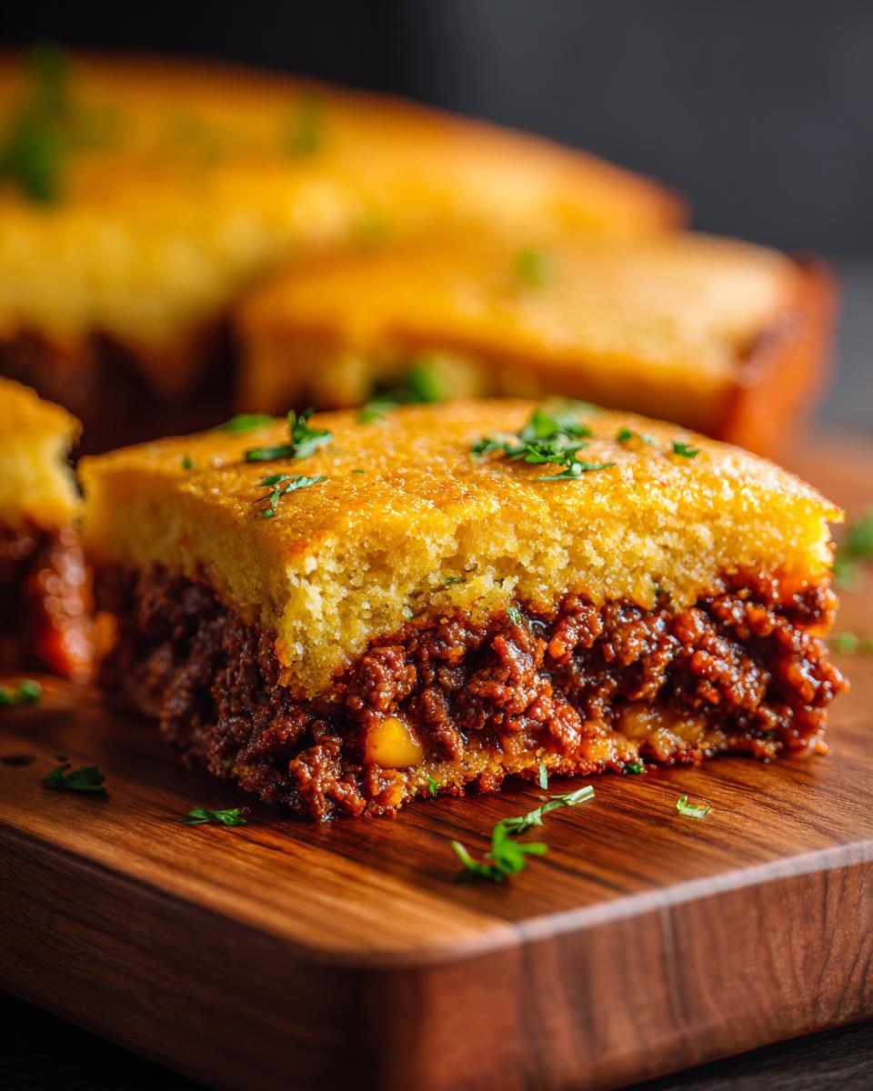Close-up of a square slice of Mexican cornbread casserole showing a thick, savory meat filling under the golden cornbread top.