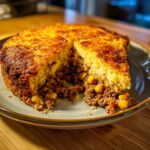 A close-up of a slice cut from a baked mexican cornbread casserole, revealing a savory ground meat and corn filling.