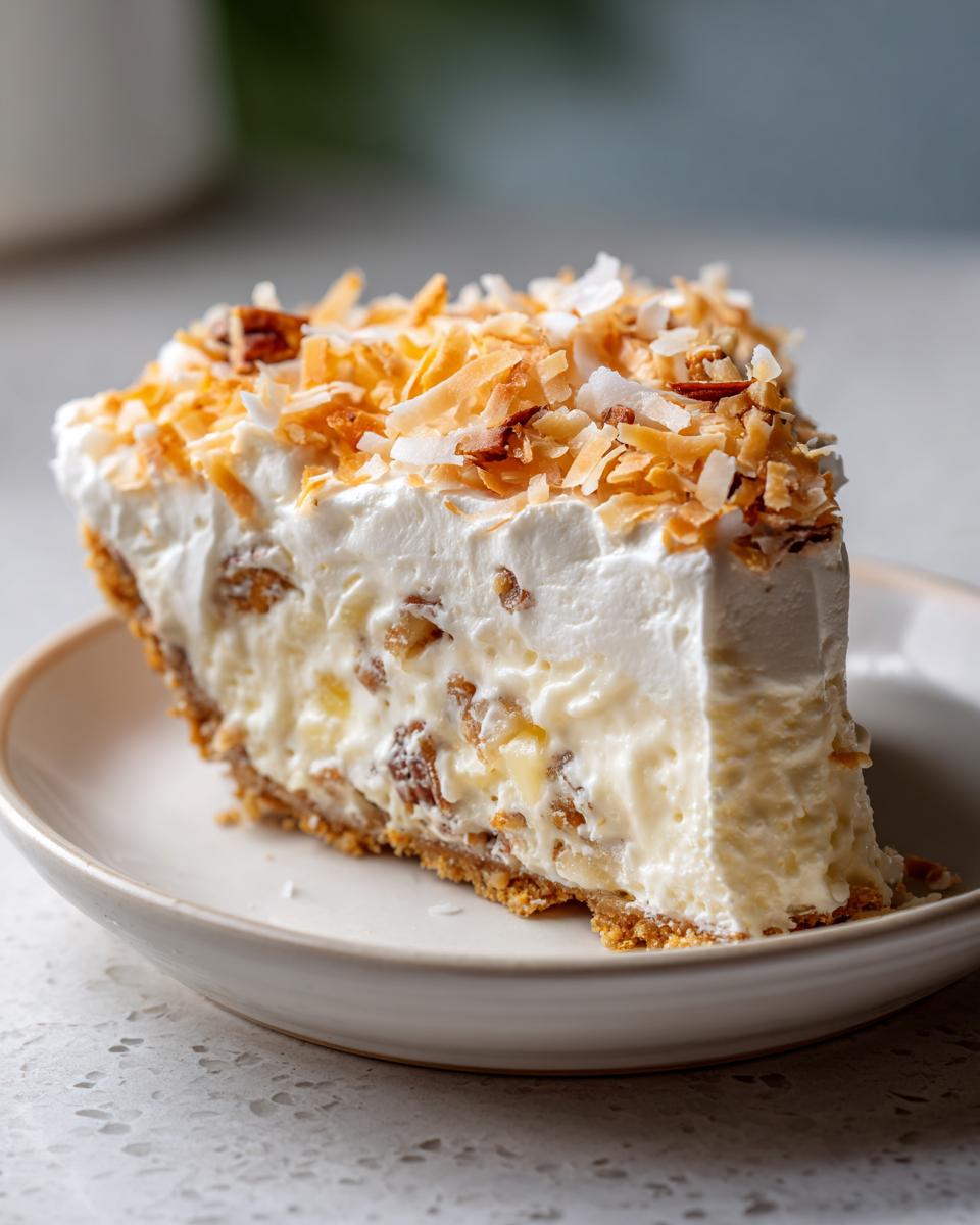 A generous slice of rich, creamy Million Dollar Pie topped with toasted coconut flakes and pecans.