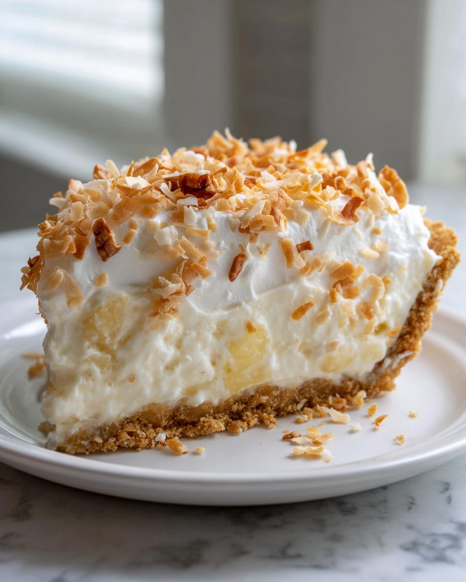 A generous slice of creamy Million Dollar Pie featuring a graham cracker crust and topped with whipped cream and toasted coconut flakes.