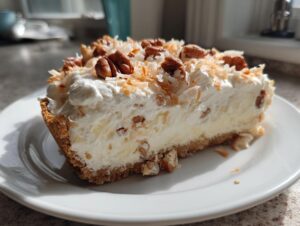 A generous slice of creamy Million Dollar Pie topped with whipped cream, toasted coconut, and pecans on a white plate.