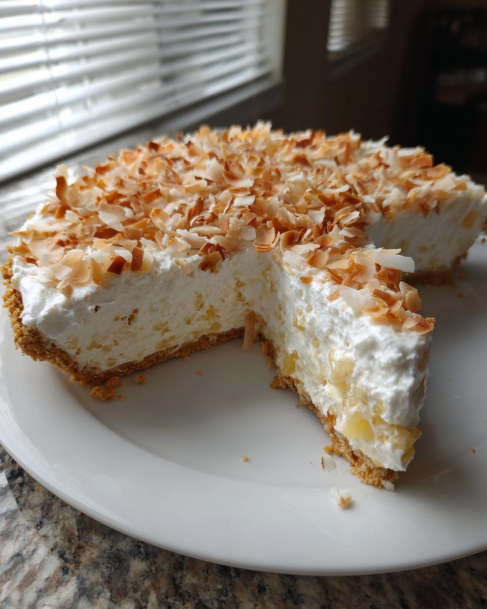 A creamy, no-bake Million Dollar Pie with a graham cracker crust, topped generously with toasted coconut flakes.