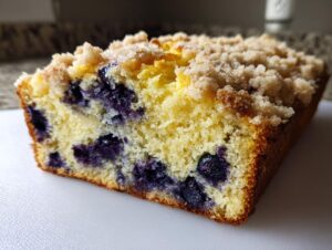 Cross-section of moist blueberry bread showing bright yellow crumb, dark blueberries, and a sugary crumb topping.