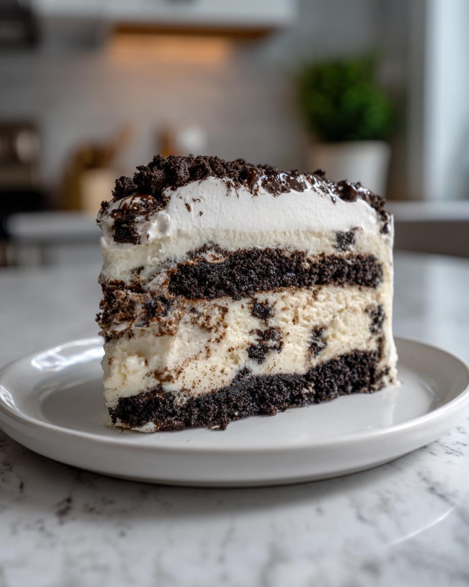 A tall slice of layered no-bake ice cream cake with dark chocolate cookie layers and creamy filling.