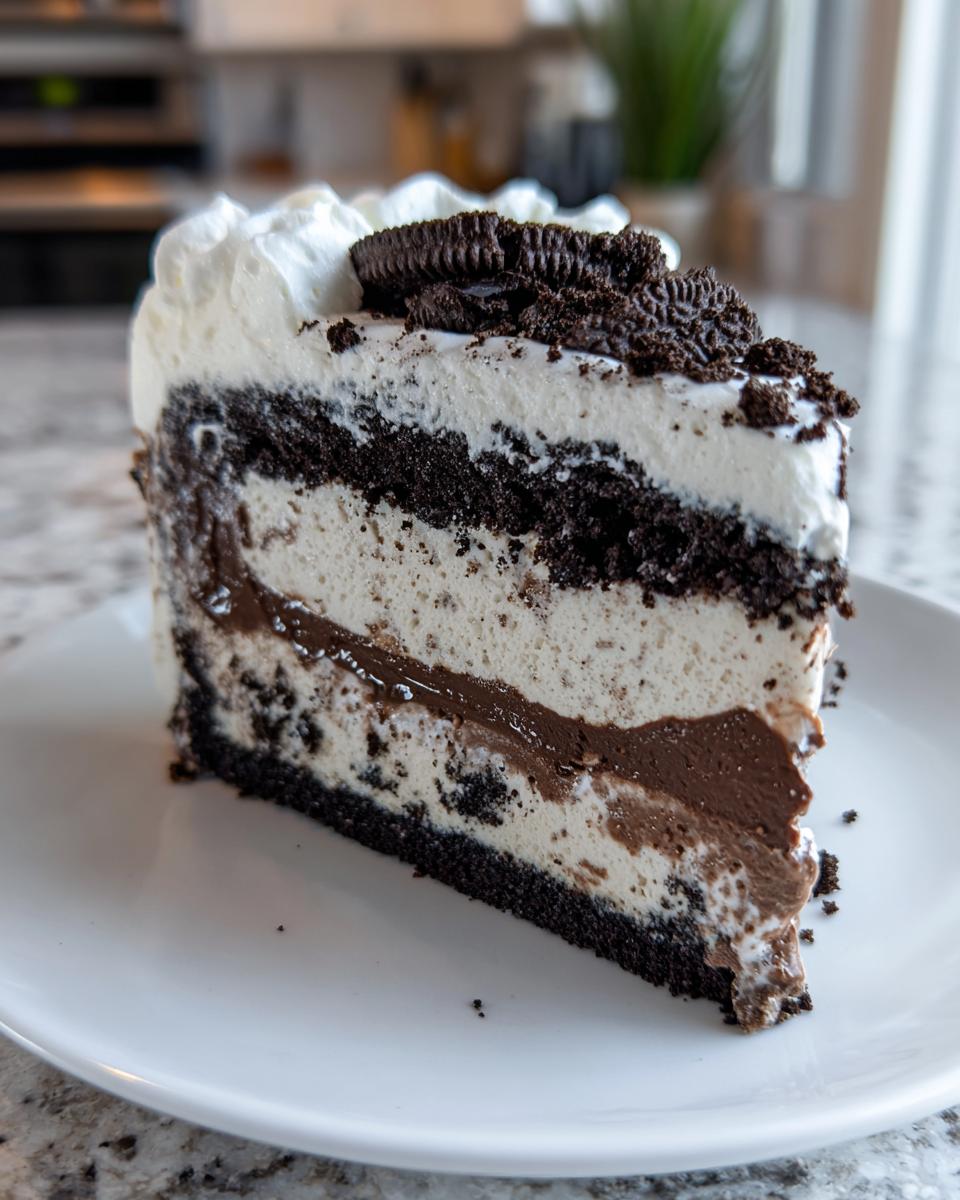 A tall, layered slice of no-bake ice cream cake featuring cookies and cream, chocolate fudge, and whipped topping.