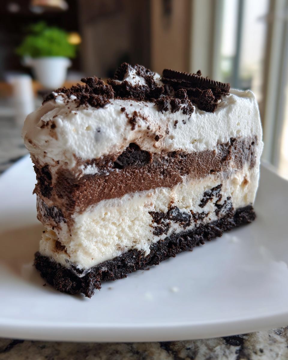 A tall slice of layered no-bake ice cream cake featuring vanilla, chocolate, and a thick Oreo crust, topped with whipped cream.