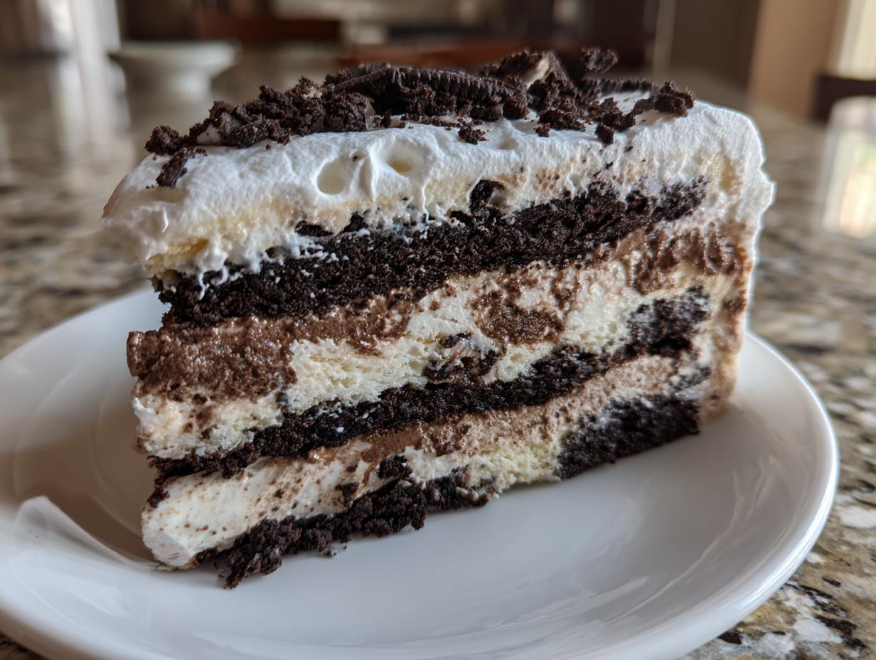 Close-up of a decadent slice of no-bake ice cream cake featuring layers of dark chocolate cake, vanilla, and chocolate ice cream filling, topped with whipped cream and cookie crumbs.