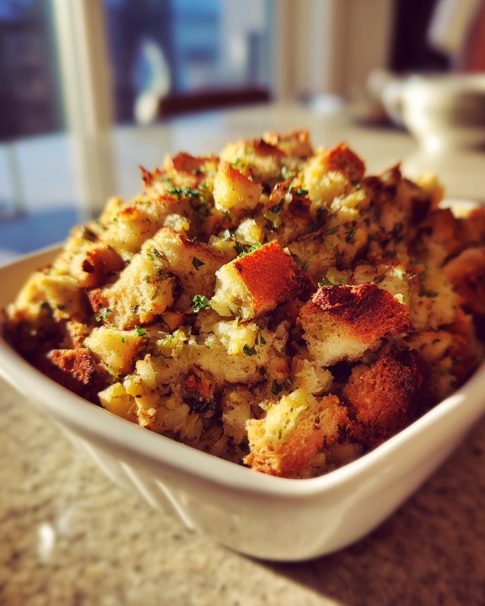 Close-up of perfectly baked stuffing, featuring golden bread cubes and green herbs, served in a white dish.