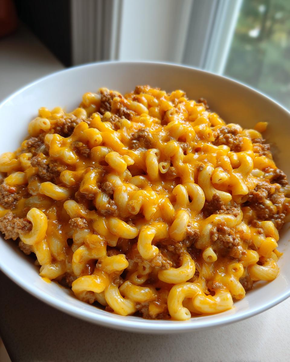 Close-up of a white bowl filled with creamy, cheesy taco pasta mixed with ground beef.
