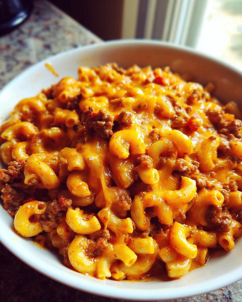 Close-up of a white bowl filled with creamy, cheesy taco pasta mixed with seasoned ground beef.