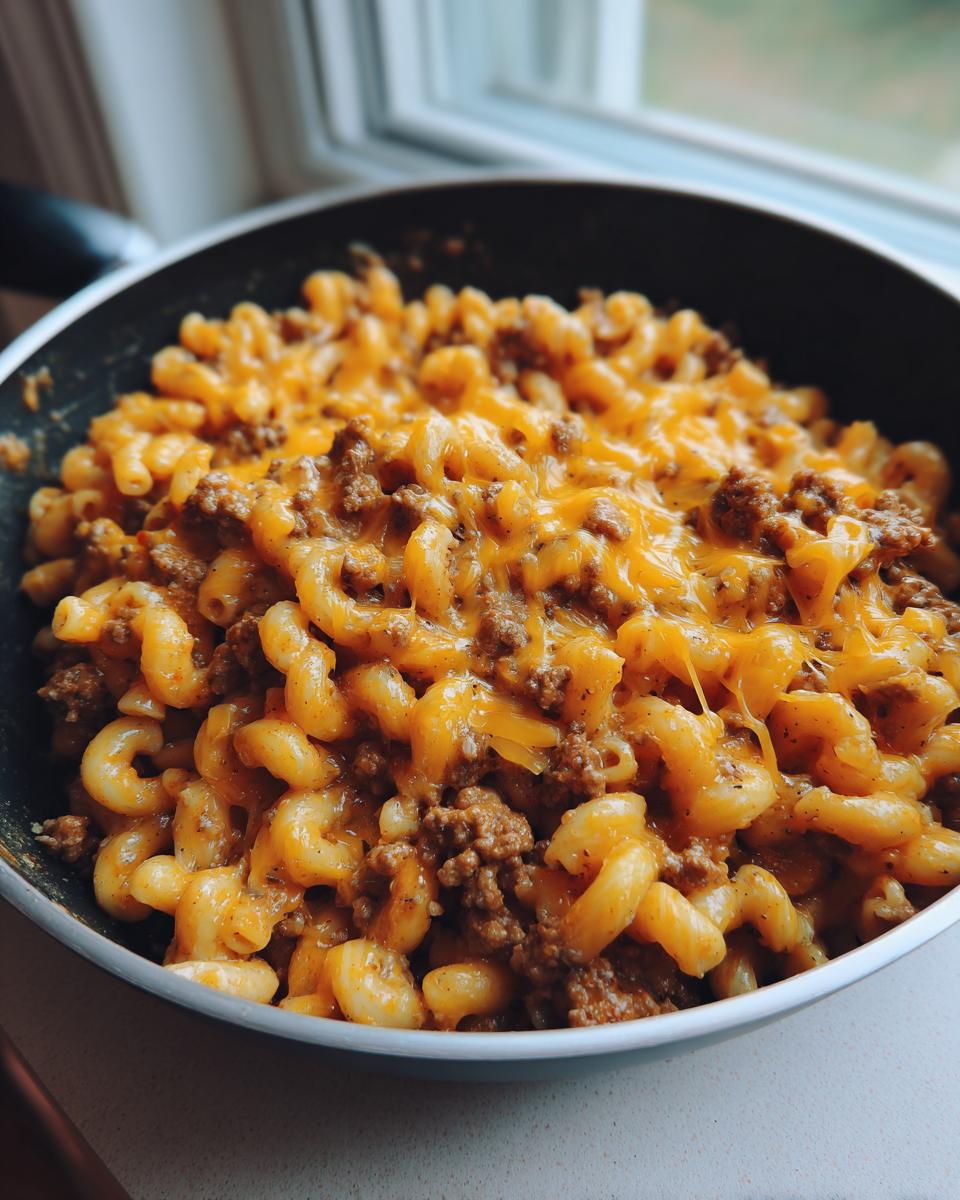 Close-up of creamy, cheesy taco pasta mixed with seasoned ground beef in a black skillet.