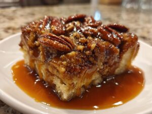 Close-up of a square serving of pecan pie bread pudding drenched in sticky caramel sauce and topped with whole pecans.
