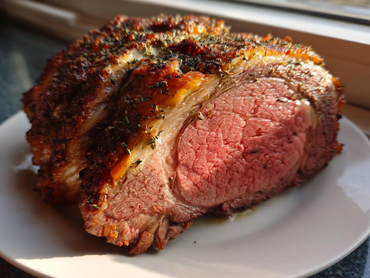 Close-up of a perfectly cooked, medium-rare rib roast with a seasoned, browned crust.