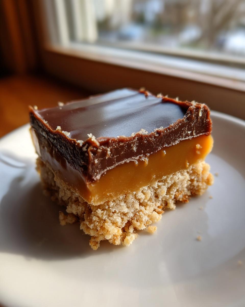 A single square of homemade twix cookies bar featuring a shortbread base, thick caramel layer, and chocolate topping.