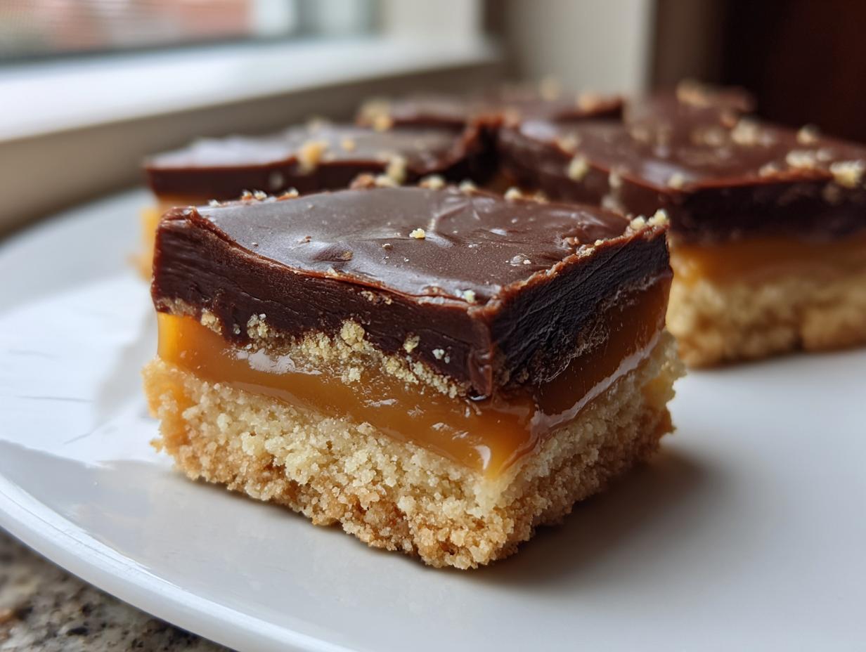 Close-up of a layered twix cookies bar featuring a shortbread base, thick caramel, and dark chocolate topping.