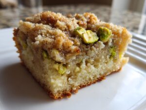Close-up of a square slice of moist pistachio coffee cake featuring a sugary crumb topping and visible green pistachio pieces.