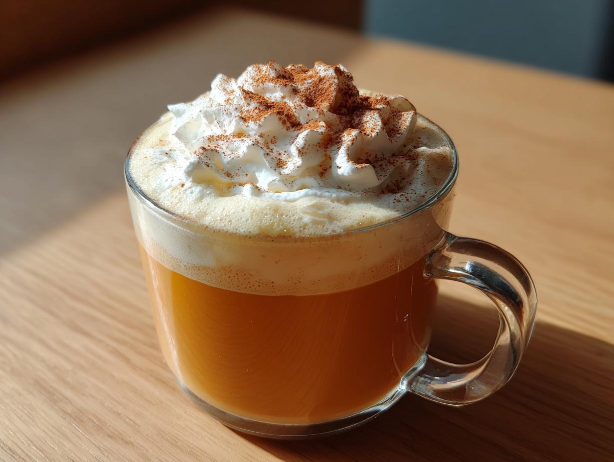 A warm, orange-colored pumpkin spice latte topped with whipped cream and cinnamon in a clear glass mug.