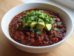 Close-up of a bowl of rich black bean chili topped with fresh avocado slices and cilantro.