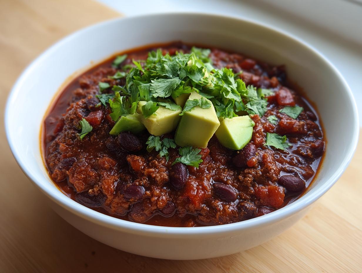 Close-up of a bowl of rich black bean chili topped with fresh avocado slices and cilantro.