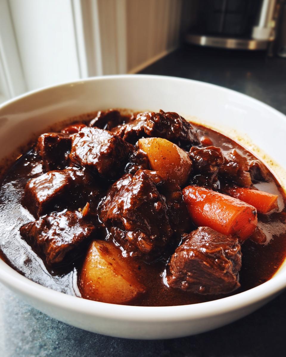 Close-up of tender chunks of beef and vegetables in a rich, dark gravy, perfect for crockpot beef stew.