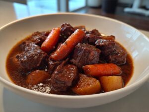 Close-up of tender beef chunks and carrots in rich gravy, perfect crockpot beef stew.