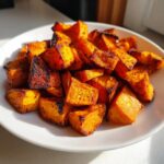 Close-up of perfectly caramelized and roasted sweet potatoes cubes piled high on a white plate.