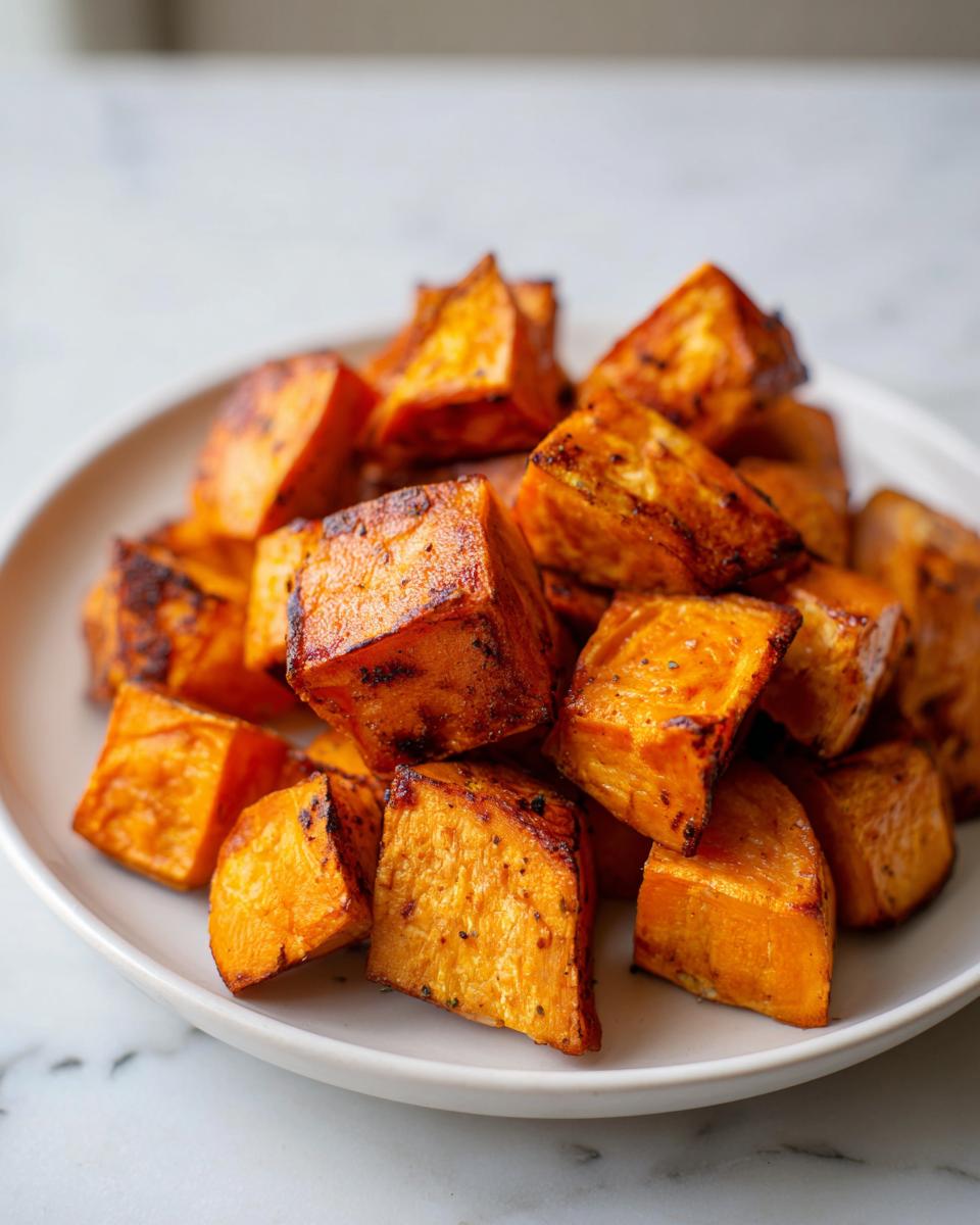 A close-up of perfectly caramelized, cubed roasted sweet potatoes piled on a white plate.
