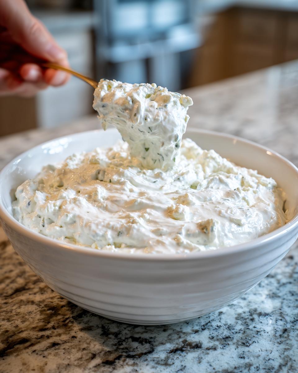 A spoonful of creamy, chunky blue cheese dip being lifted from a white bowl.