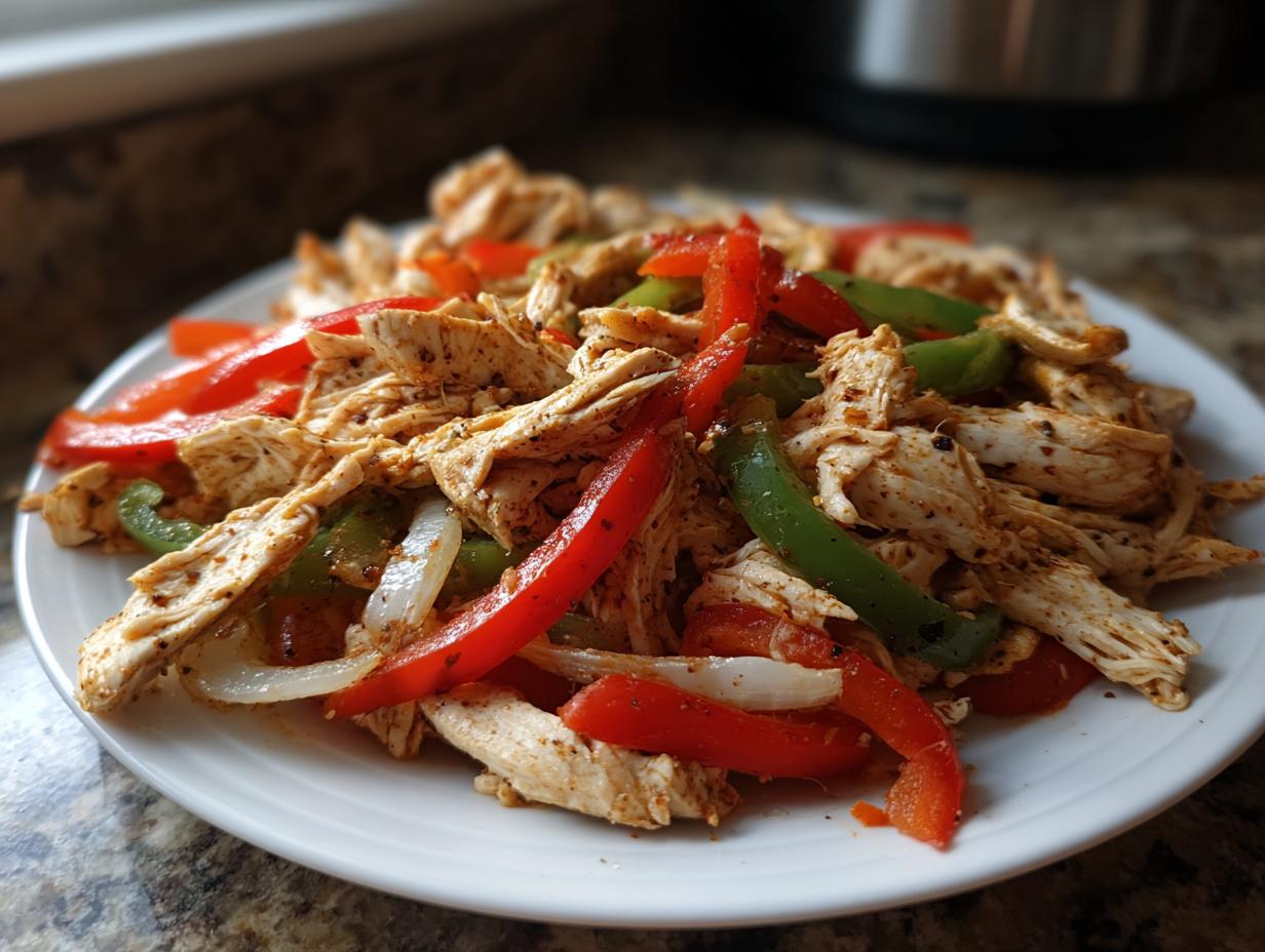 A white plate piled high with seasoned, shredded chicken mixed with sliced red peppers, green peppers, and onions for crockpot chicken fajitas.