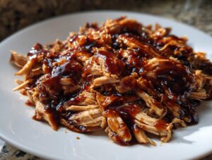 Close-up of tender, shredded crockpot teriyaki chicken generously coated in glossy teriyaki sauce on a white plate.