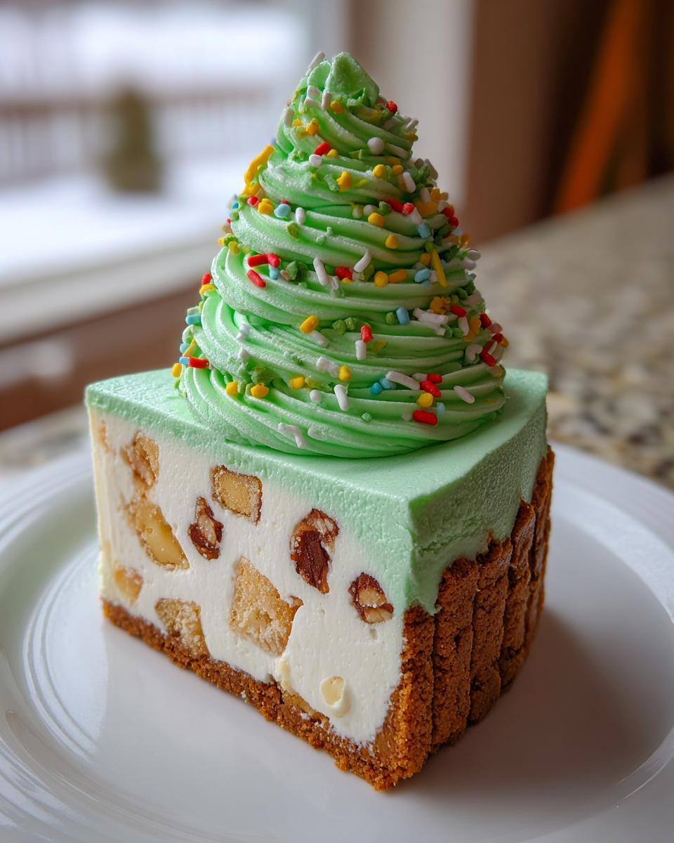 A slice of christmas tree cheesecake featuring a creamy filling with nuts, a graham cracker crust, and green frosting shaped like a tree with colorful sprinkles.