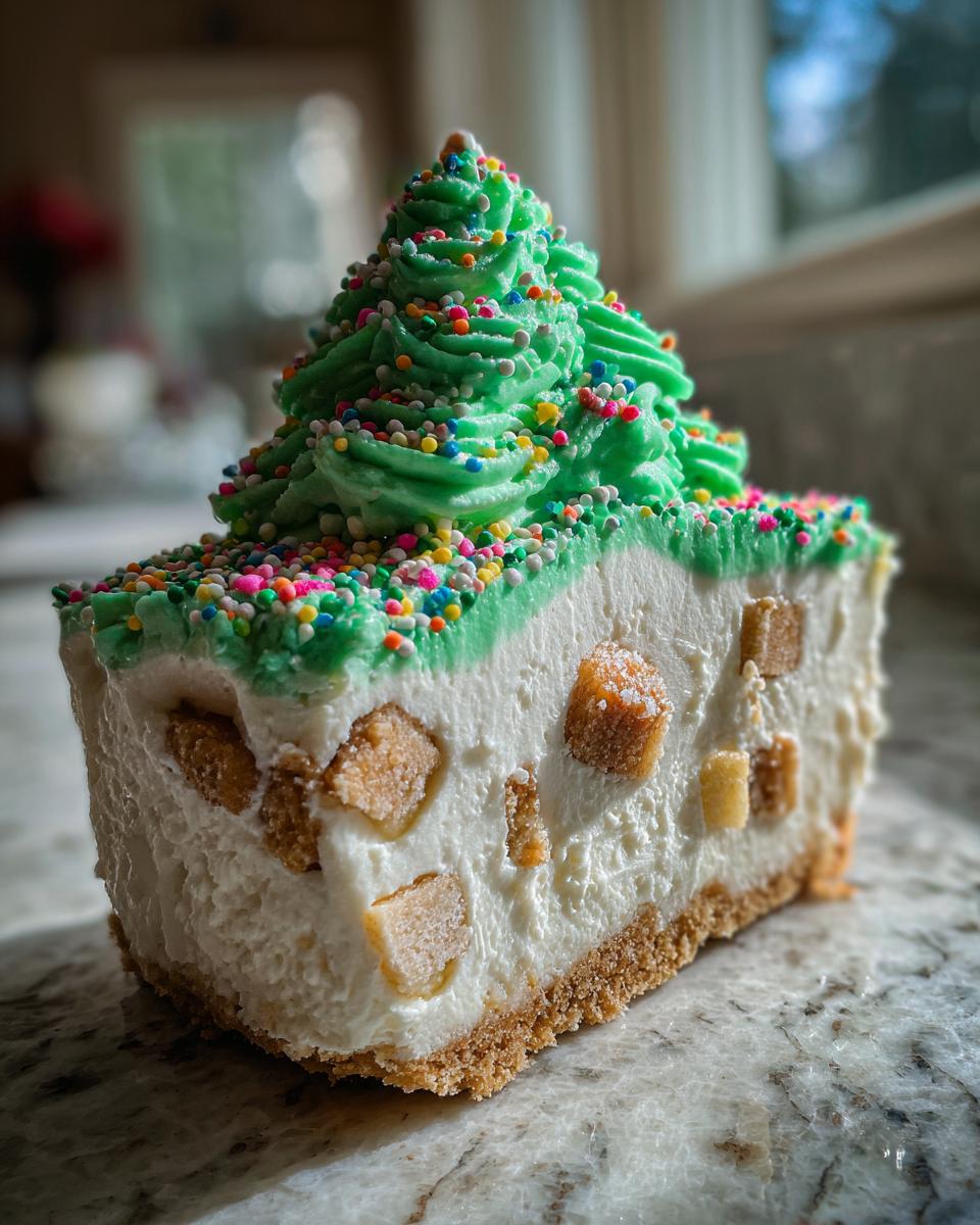 Close-up of a slice of christmas tree cheesecake with green frosting tree and colorful sprinkles on a marble surface.