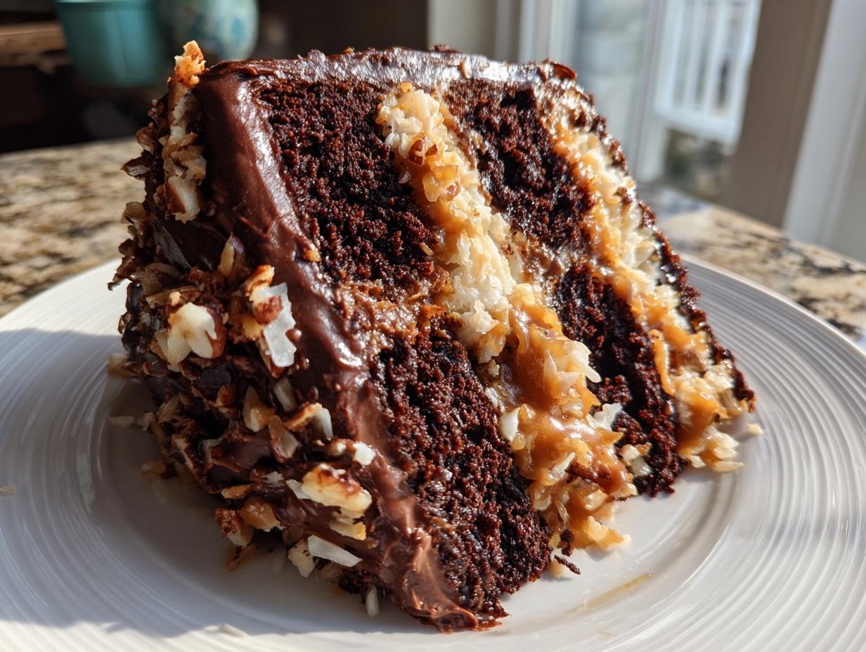 A decadent slice of german chocolate cake showing dark chocolate layers, coconut pecan filling, and chocolate frosting.