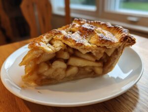 A close-up of a generous slice of homemade apple pie showing thick apple filling and a golden lattice crust.