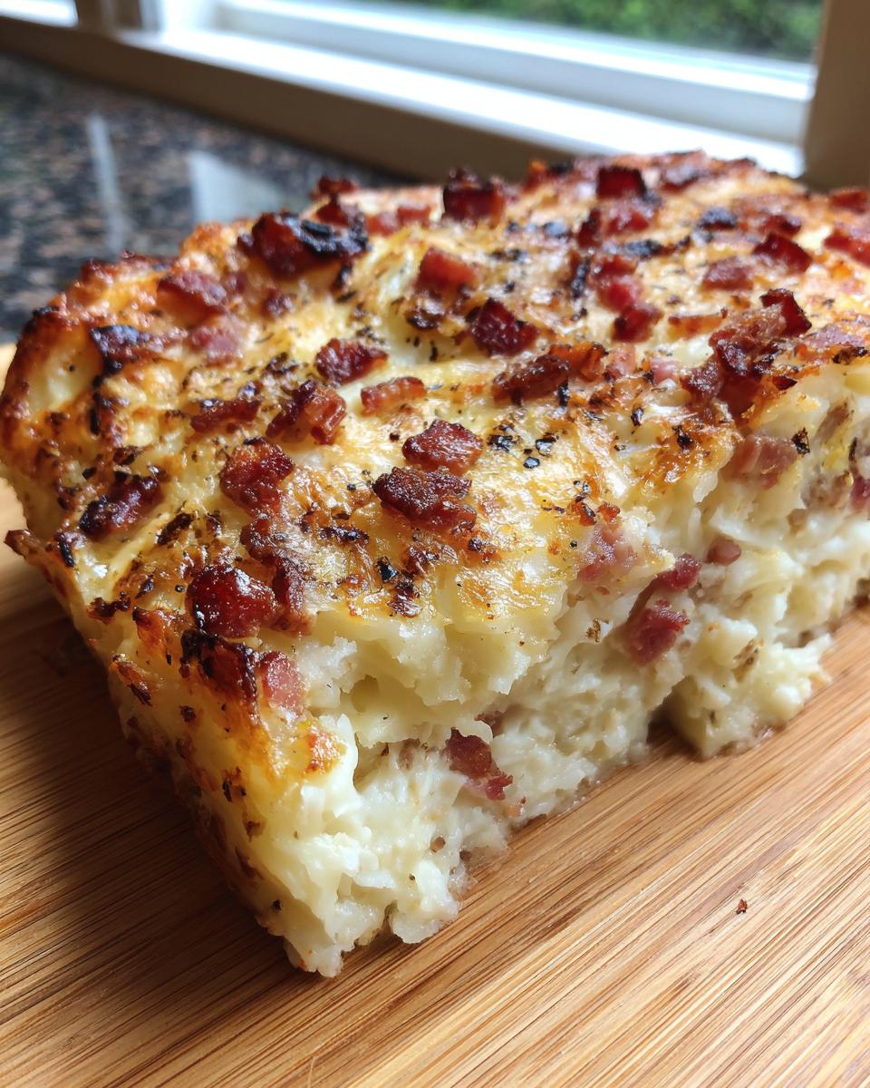 A thick slice of baked loaded mashed potatoes topped with crispy bacon bits and melted cheese.