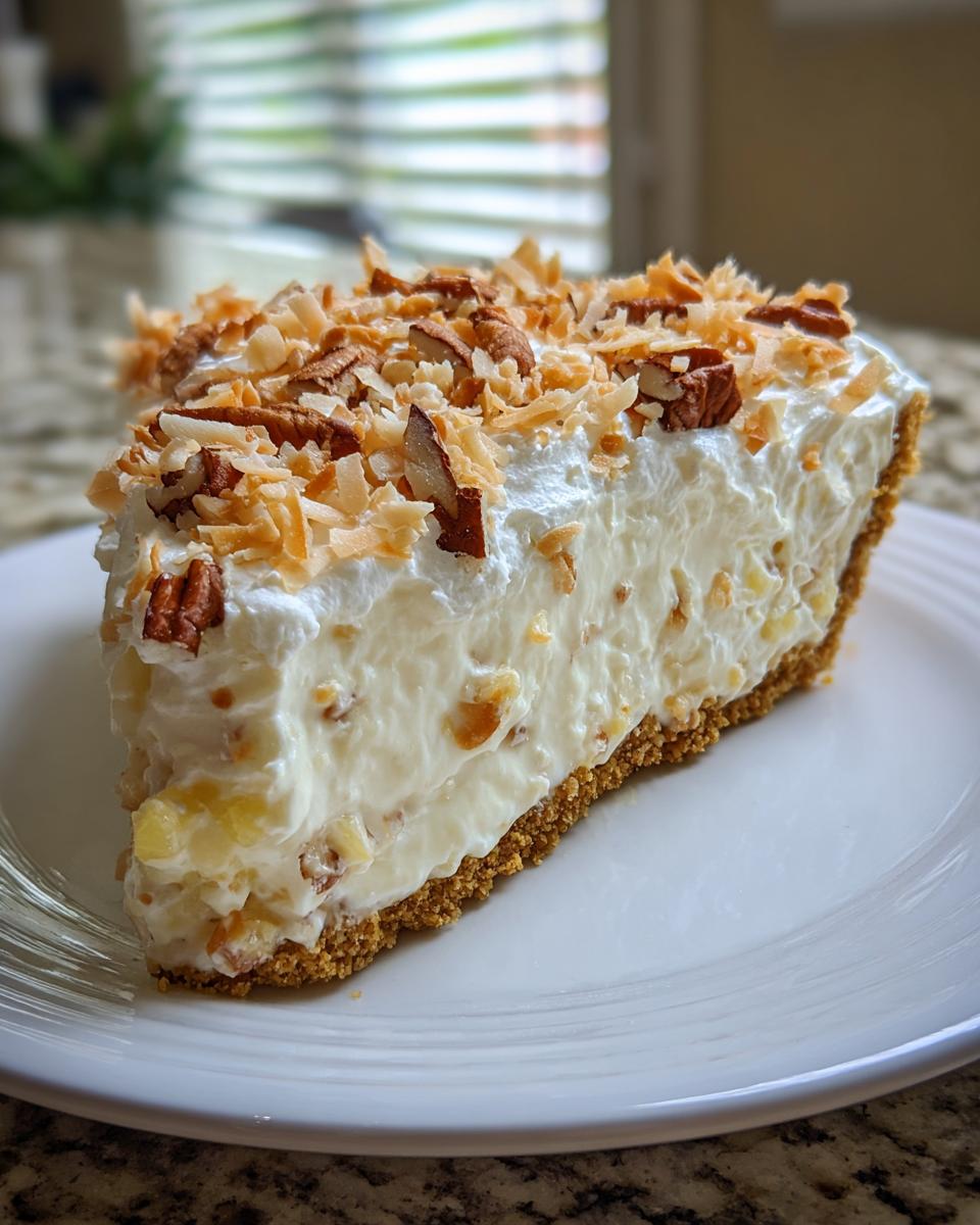 A generous slice of creamy Million Dollar Pie on a white plate, topped with toasted coconut and pecans.