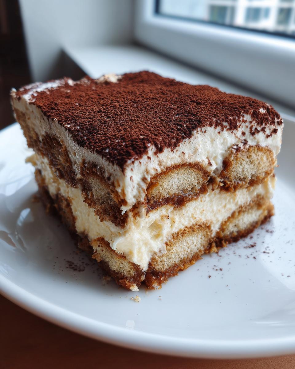 A rich, layered slice of tiramisu recipe featuring ladyfingers, mascarpone cream, and a heavy dusting of cocoa powder.