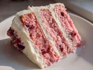 Close-up of a moist slice of pink layer cherry cake filled and topped with thick white frosting.