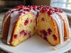 A slice cut from a bundt cranberry orange cake, showing moist interior with cranberries and topped with white glaze.