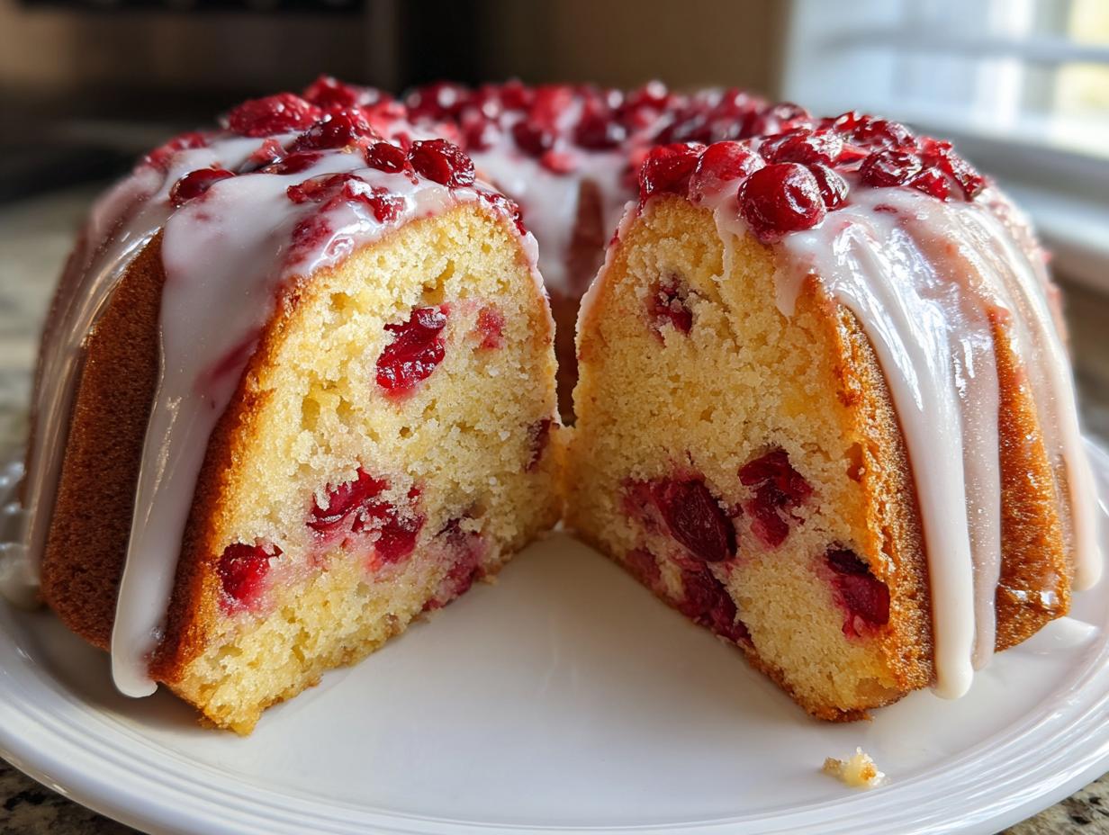A slice cut from a bundt cranberry orange cake, showing moist interior with cranberries and topped with white glaze.