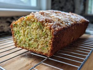 A golden brown loaf of snickerdoodle zucchini bread, showing shredded zucchini inside, cooling on a wire rack.