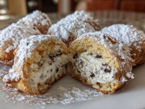 Close-up of soft cannoli cookies, one split open showing creamy filling with mini chocolate chips, dusted heavily with powdered sugar.