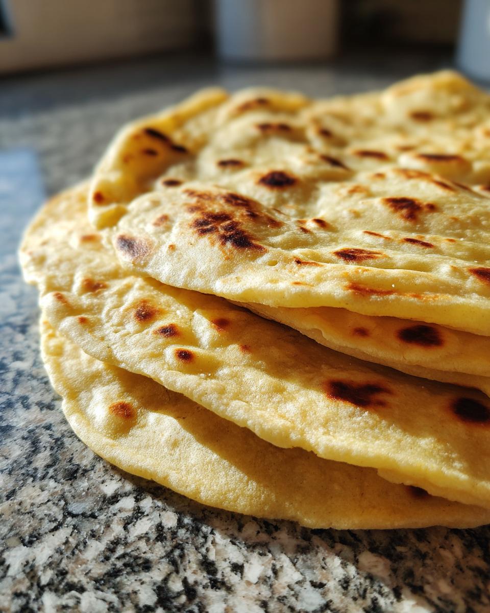 A close-up stack of warm, soft corn tortillas with light char marks resting on a granite countertop.